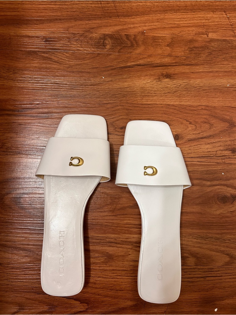 Coach White Leather Slide Sandals with Gold 'C' Accent